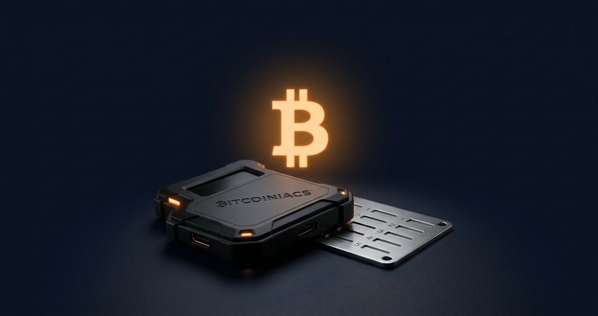 Bitcoin hardware wallet Canada: secure cold storage with Bitcoiniacs branding.