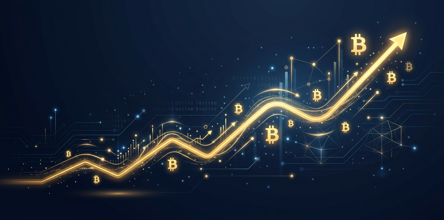 Crypto adoption growth chart with upward golden trend line on dark background