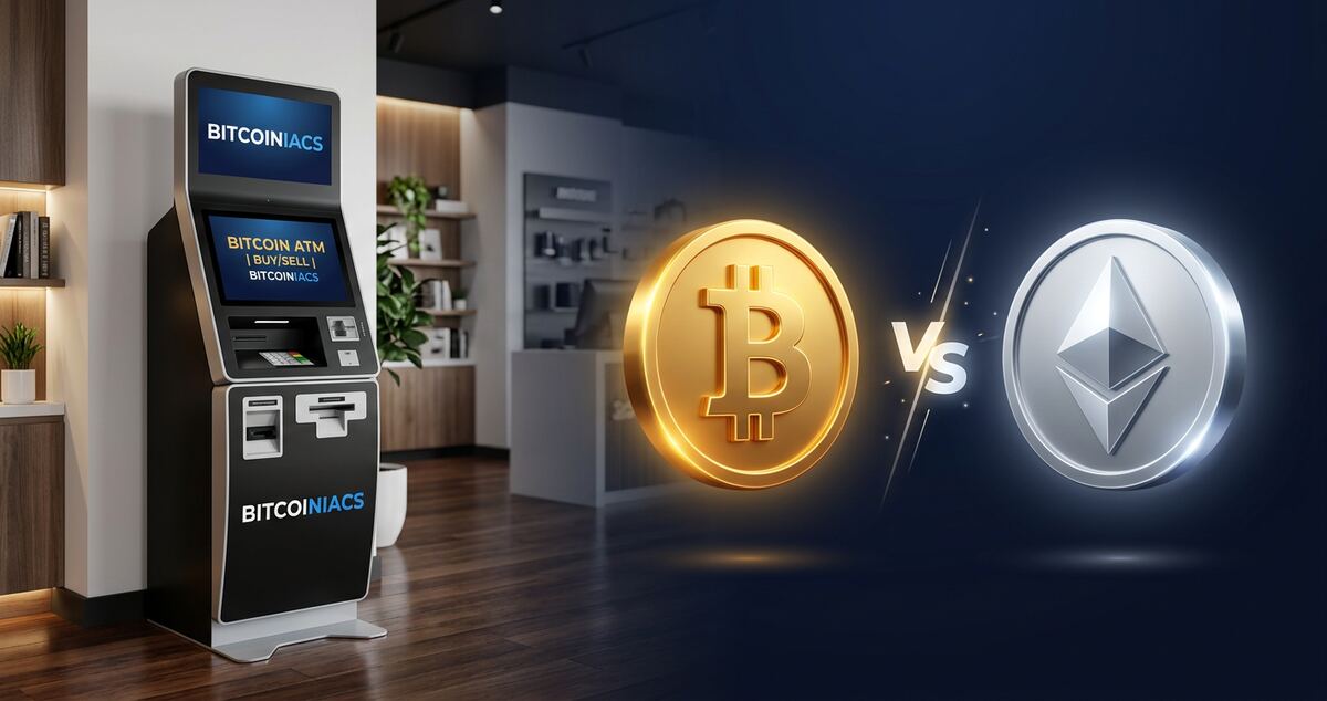 Bitcoin vs Ethereum comparison shown above a BITCOINIACS branded Bitcoin ATM in Canada