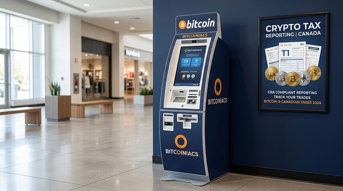 Crypto Tax Canada guide showing Bitcoiniacs Bitcoin ATM with CRA tax reporting poster