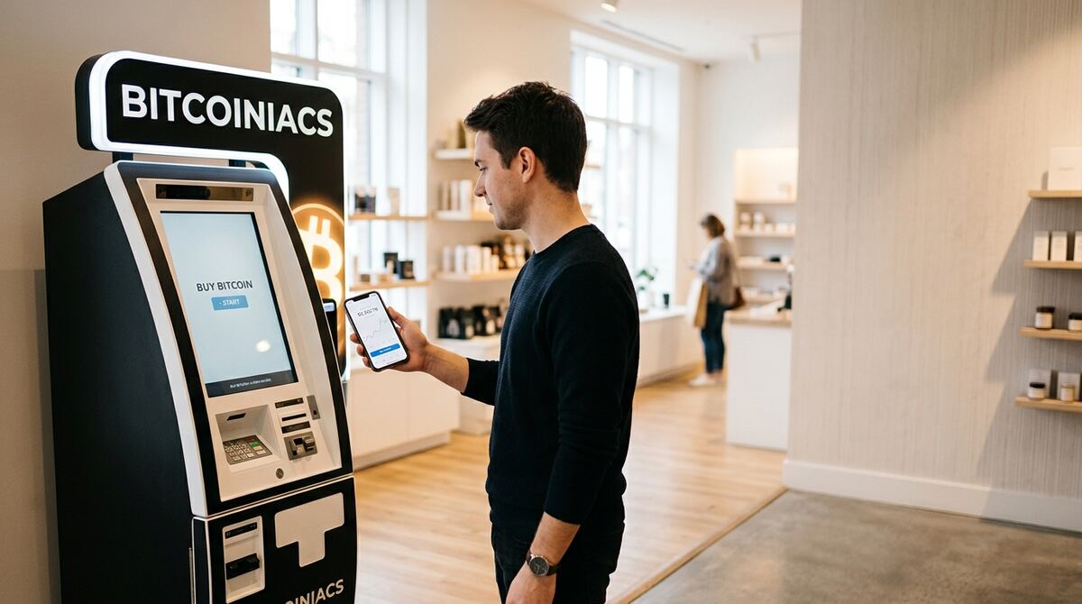 Bitcoin ATM vs Online Exchange Canada comparison shown with a BITCOINIACS branded Bitcoin ATM next to a person using a smartphone crypto exchange app