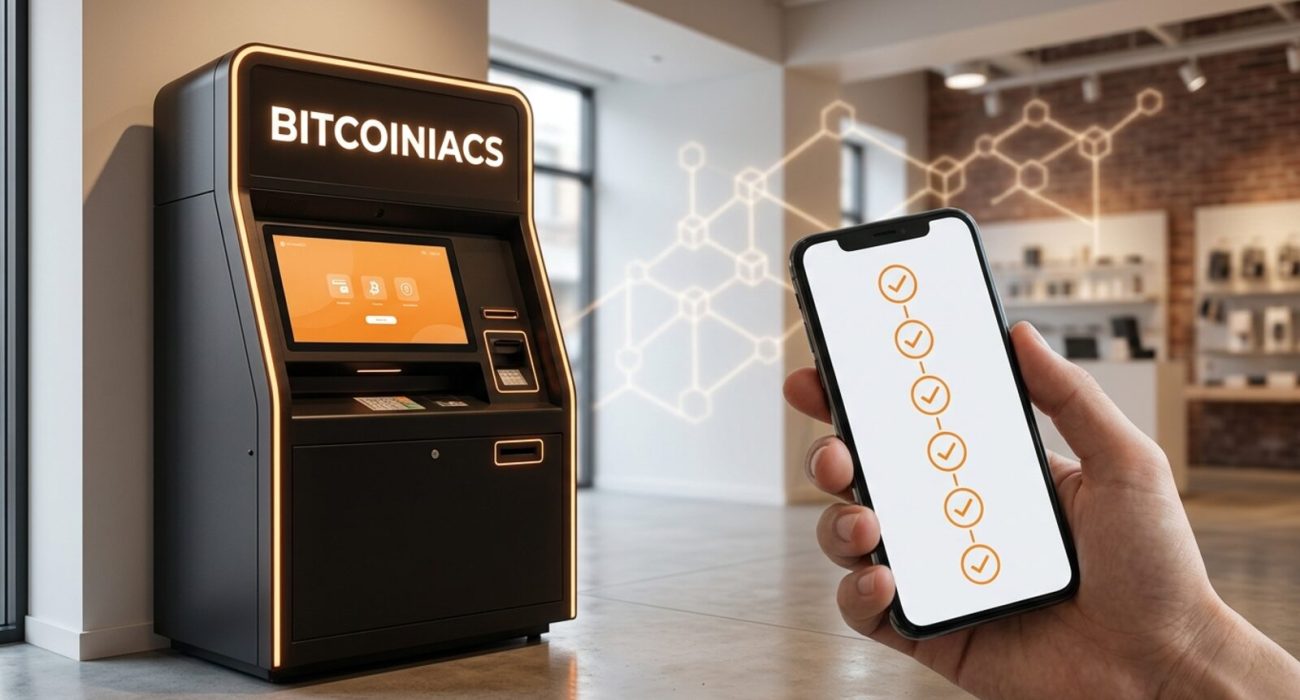 Bitcoin confirmations explained on a BITCOINIACS-branded Bitcoin ATM and smartphone