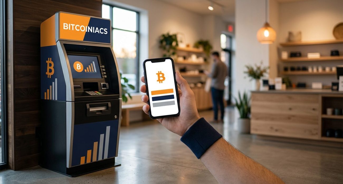 Bitcoin transaction fees in Canada shown beside a BITCOINIACS Bitcoin ATM