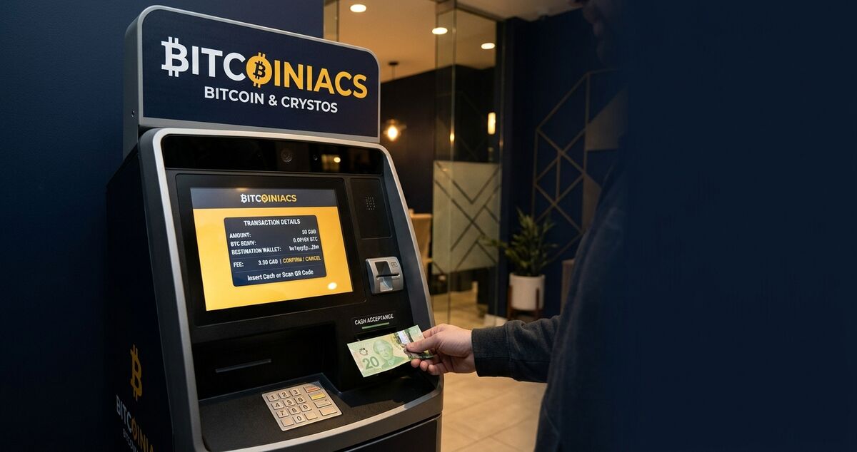 Bitcoin ATM daily limit in Canada - customer using Bitcoiniacs ATM machine with cash