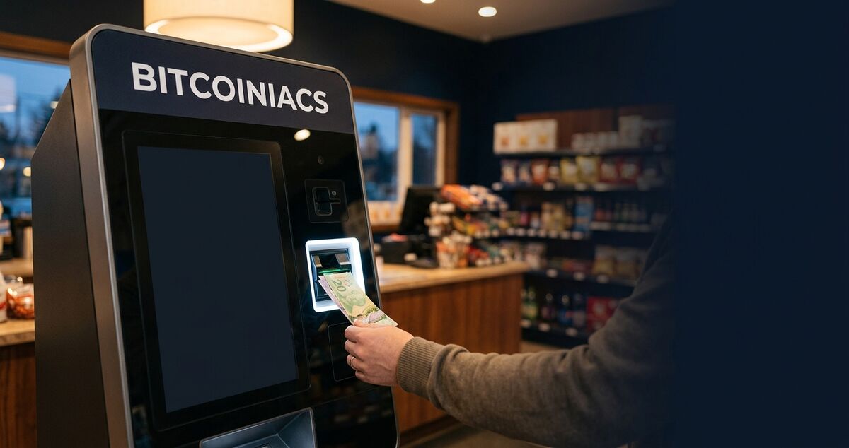 Buy Bitcoin with cash in Canada at a Bitcoiniacs Bitcoin ATM. A customer inserts Canadian bills into the machine.