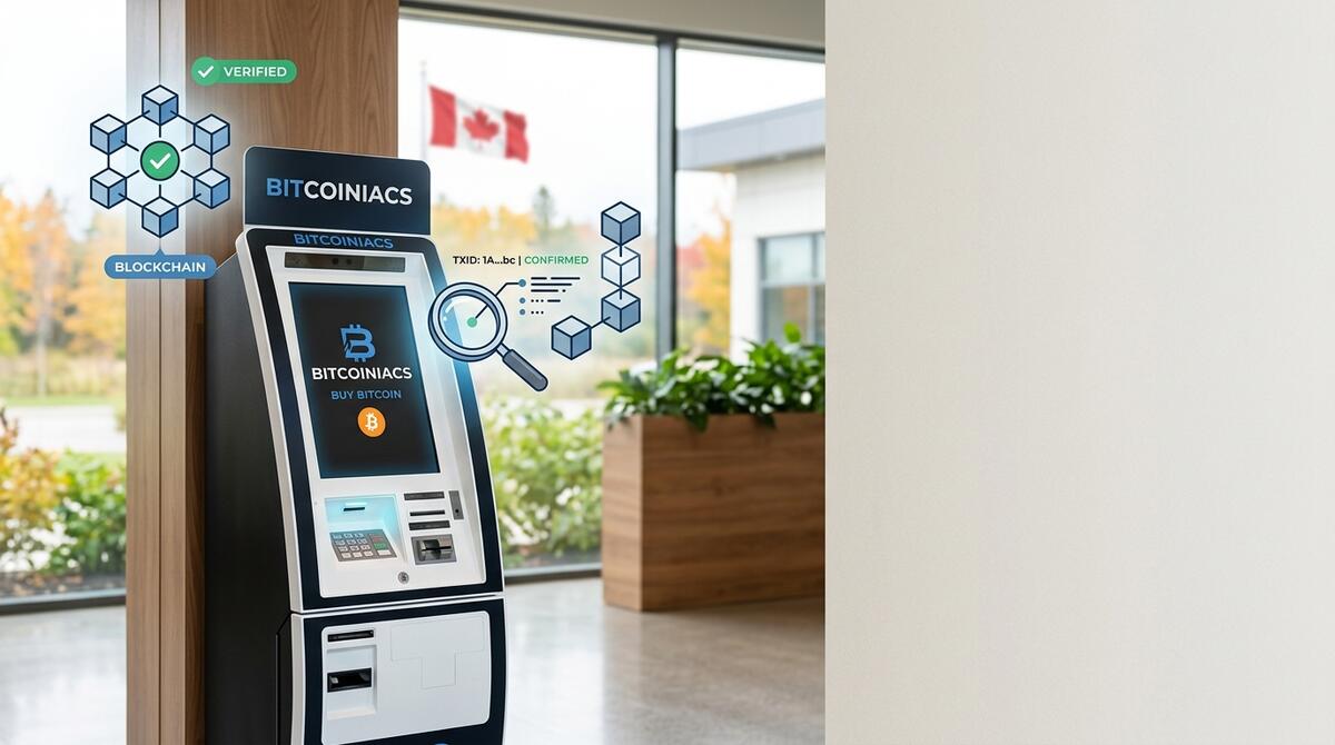 How to Verify a Bitcoin Transaction through Bitcoiniacs — step-by-step guide showing blockchain verification at a Canadian Bitcoin ATM