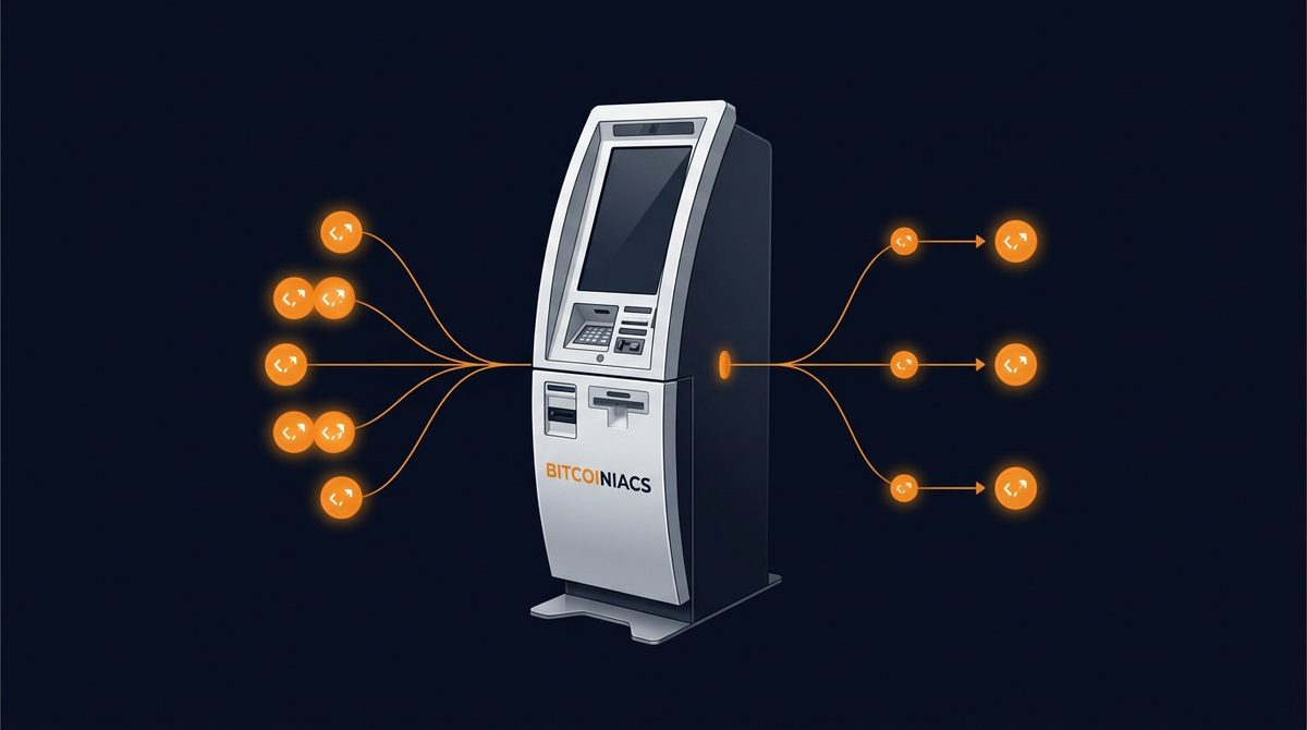 Bitcoin address reuse and privacy explained with a BITCOINIACS Bitcoin ATM illustration