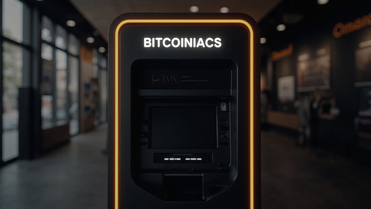 Bitcoin ATM near me: a BITCOINIACS-branded Bitcoin ATM inside a Canadian convenience store