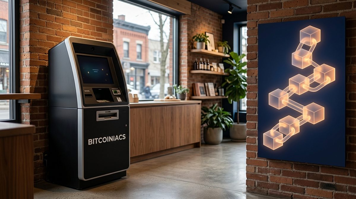 Bitcoin transaction confirmations shown beside a BITCOINIACS Bitcoin ATM